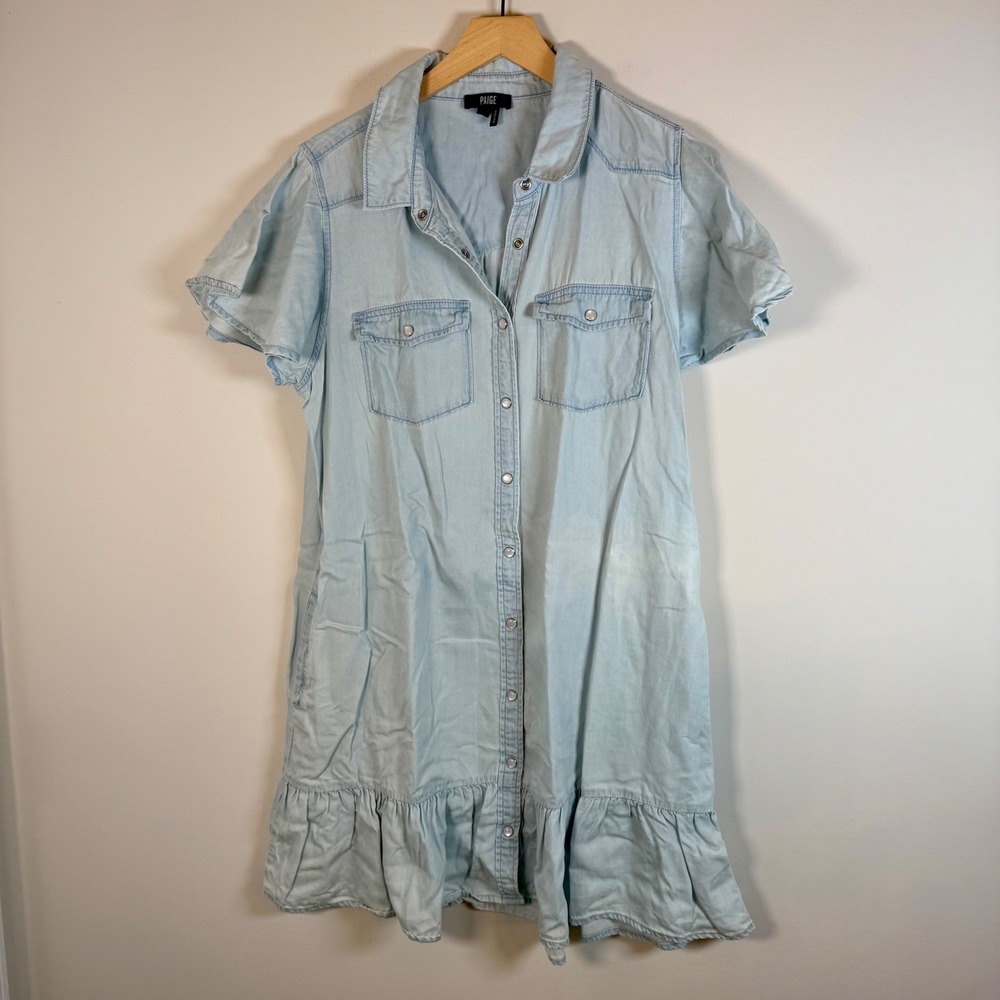 PAIGE Ruffle‎ Hem Chambray Denim Snap Front Mini Shirt Dress Large Light Wash